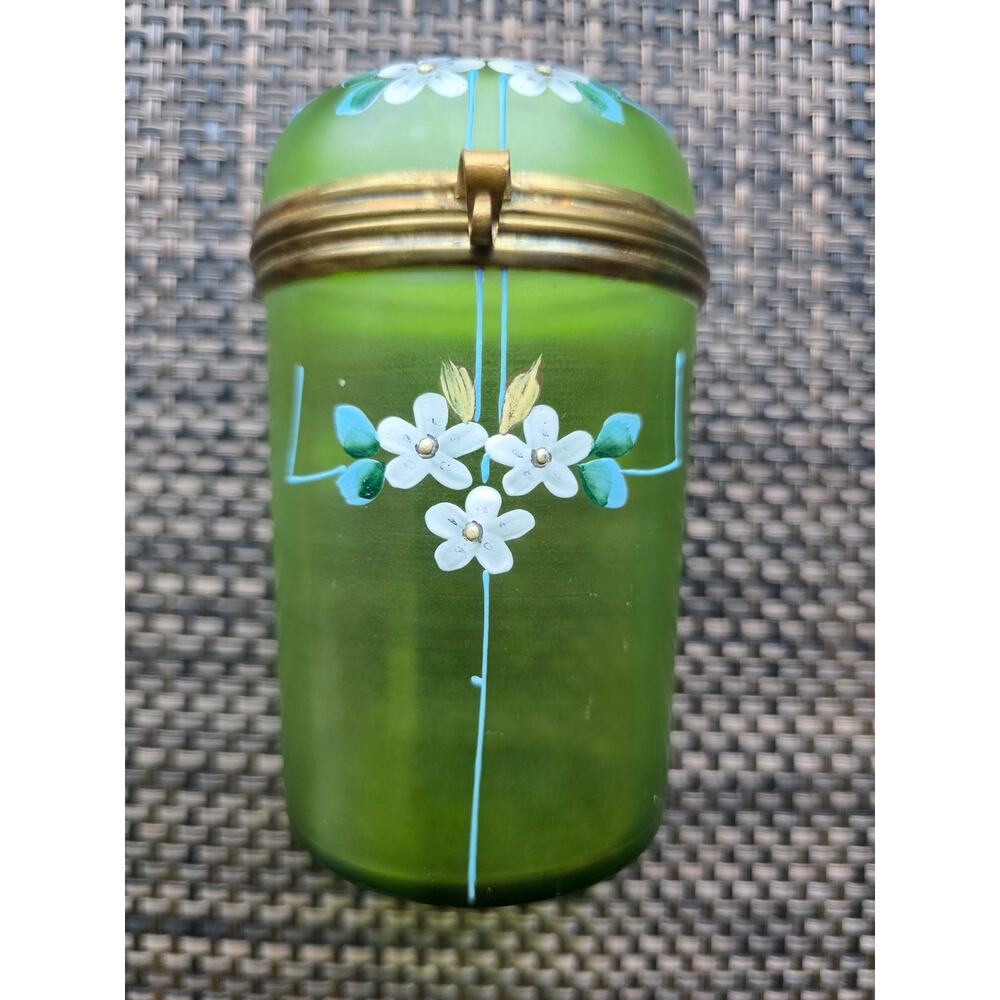 Antique  enameled green satin glass dresser jar or trinket box,  Victorian